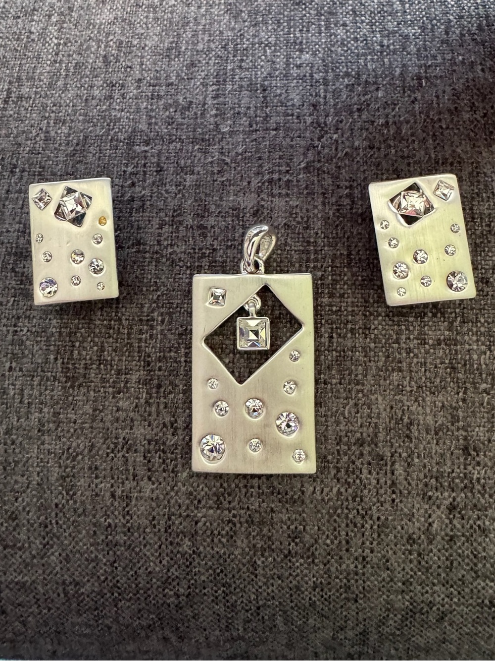 Vintage Rectangular Silver Crystal Pendant & Earrings Set